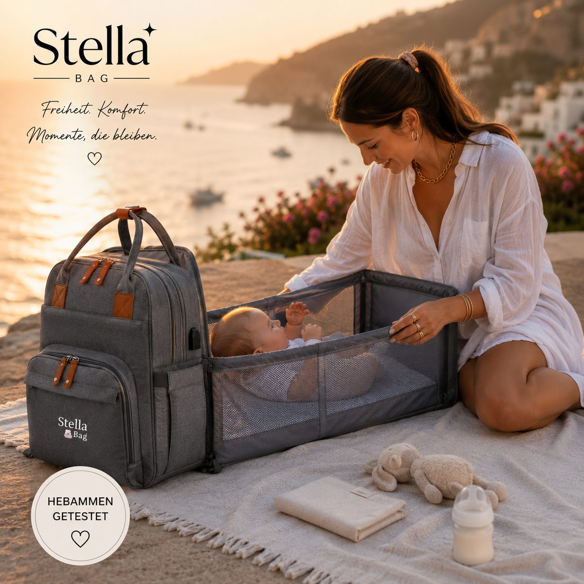 Mutter mit Baby und Stella Bag Wickelrucksack am Meer