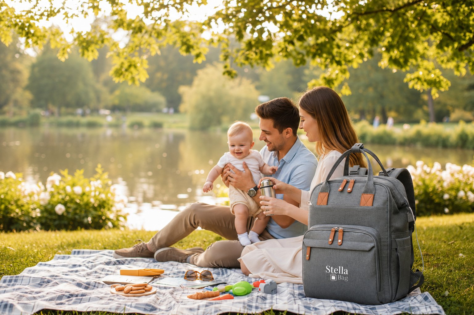 Familie beim Picknick am See – Stella Bag Wickelrucksack mit Logo im Vordergrund